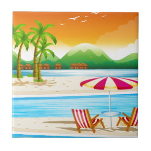 Beach scene with chairs and umbrella tile