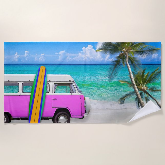 Beach Scene with Fuchsia Pink Van and Surfboard Beach Towel (Front)