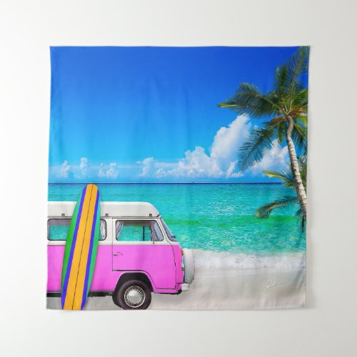 Beach Scene with Fuchsia Pink Van and Surfboard Tapestry