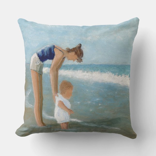 Beach Scene with Mother and Baby Throw Pillow (Front)