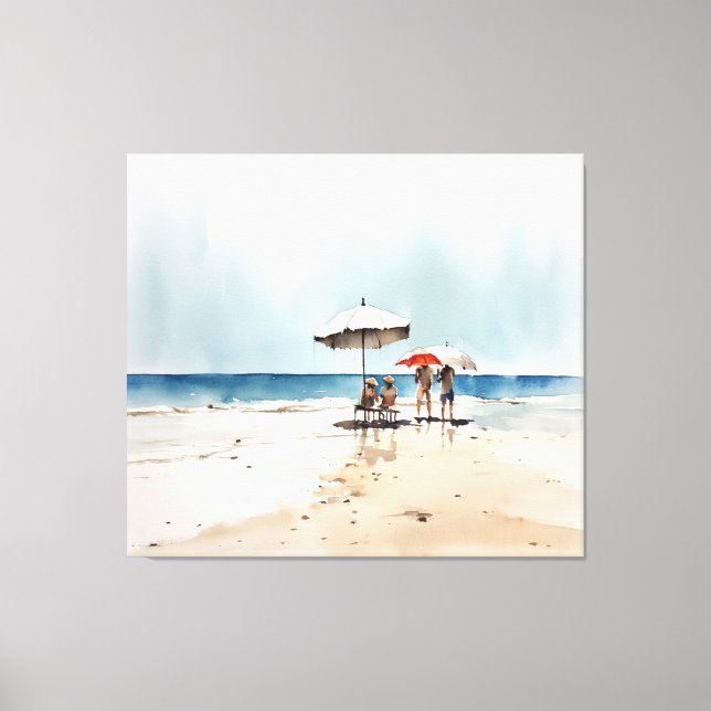 Beach Scene with People and Umbrellas by the Water Canvas Print (Front)