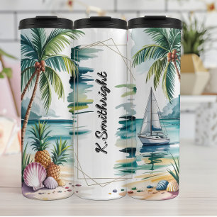 Beach Scene with Sailboat and Palms Thermal Tumbler