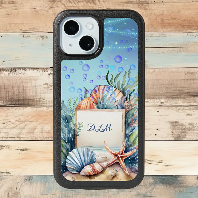Beach Scene with Sand Shells Starfish Initials iPhone 15 Case (Creator Uploaded)