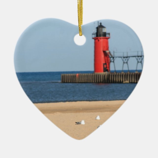Beach scene with seagulls and lighthouse ceramic ornament (Front)