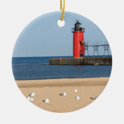 Beach scene with seagulls and lighthouse ceramic ornament