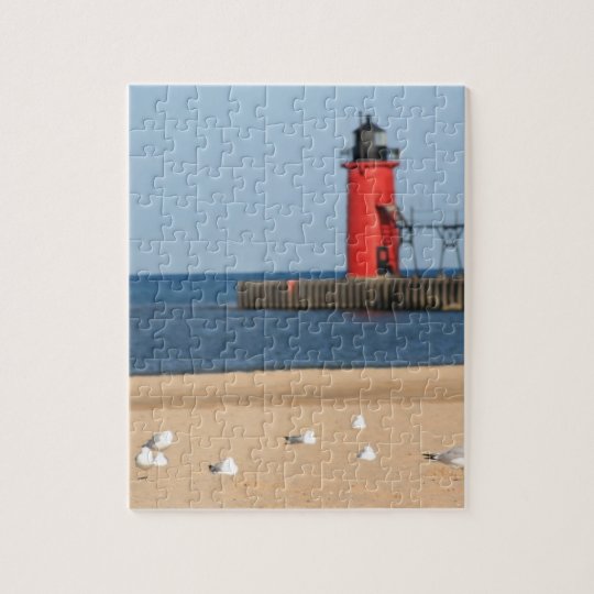 Beach scene with seagulls and lighthouse jigsaw puzzle ...