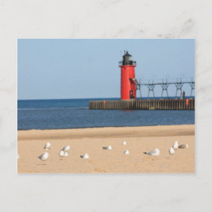 Beach scene with seagulls and lighthouse postcard