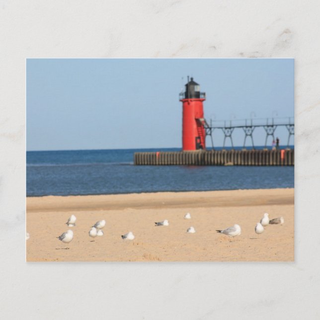 Beach scene with seagulls and lighthouse postcard (Front)