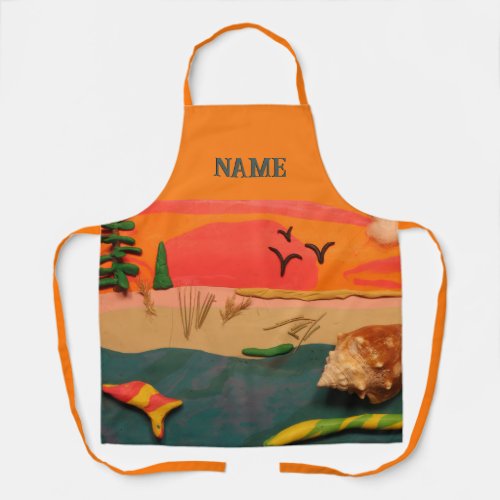 Beach Scene With Shell and Colored Clay Folk Art Apron