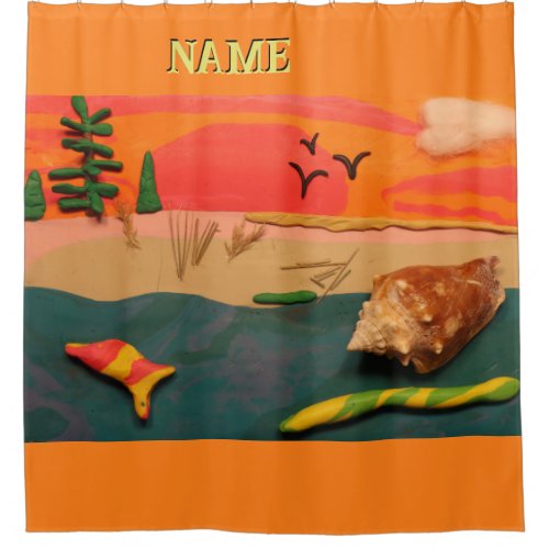 Beach Scene With Shell and Colored Clay  Folk Art Shower Curtain