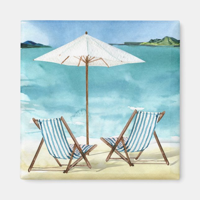 Beach Scene with two beach chairs and umbrella Magnet (Front)