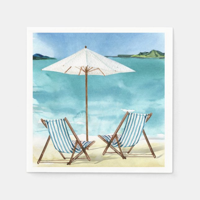 Beach Scene with two beach chairs and umbrella Napkins (Front)