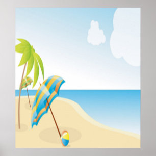 Beach Scene with Umbrella, Palm Trees & Beach Ball Poster