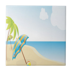 Beach Scene with Umbrella, Palm Trees & Beach Ball Tile