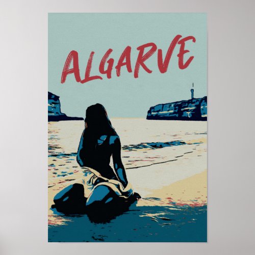 Beach scenery illustration Algarve Portugal Poster