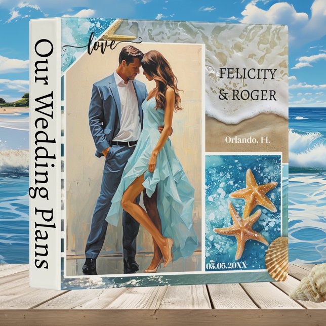 Beach Scrapbook Wedding Planner Photo Binder (Boho beach scrapbook wedding planner binder with your own photo on a collage of beach imagery)