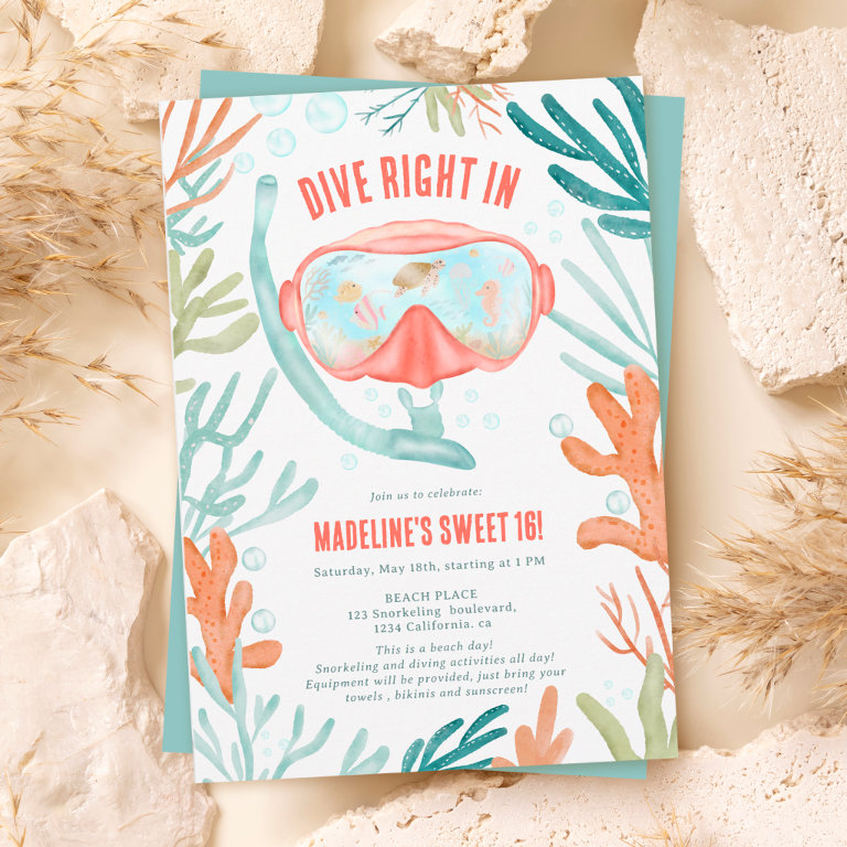 Beach Scuba diving watercolor sea life Sweet 16 Invitation