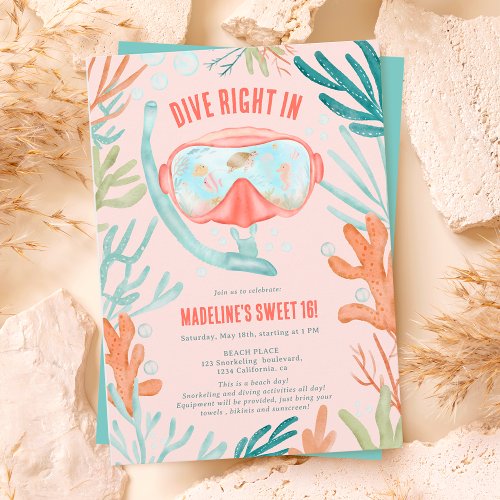 Beach Scuba diving watercolor sea life Sweet 16 Invitation