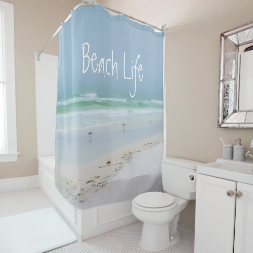 Beach sea birds aqua blue shower curtain