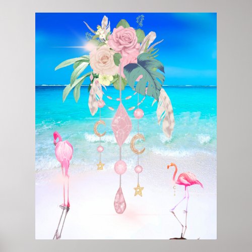 Beach Sea Flamingo Floral Jewels Pink  Poster