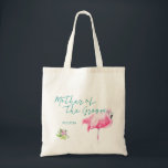Beach sea flamingo wedding mother of the groom tote bag<br><div class="desc">Pink watercolor flamingo mother of the groom sea / beach / destination wedding tote bag with aqua blue calligraphy script,  a tropical flamingo bird and editable text. Personalize it with the mother of the groom's name.</div>