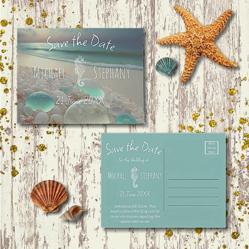Beach Sea Glass Seahorse Save the Date Invitation Postcard