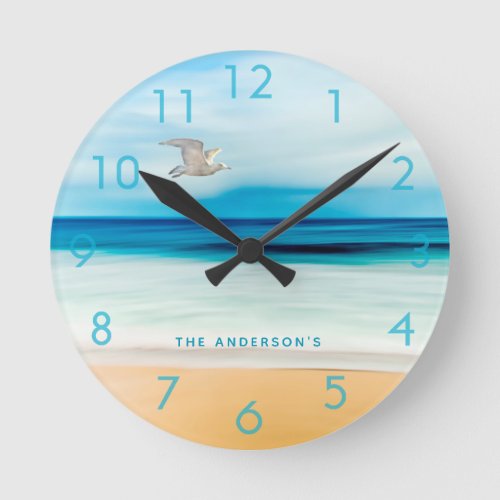 Beach sea ocean family name round clock