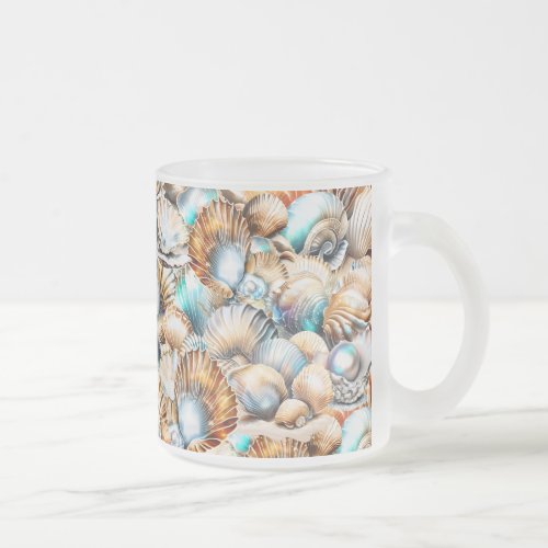 Beach sea shell iridescent collage pattern ice frosted glass coffee mug
