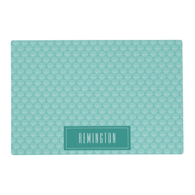 Beach Sea Shell Pattern On Green Custom Pet Name Placemat (Front)