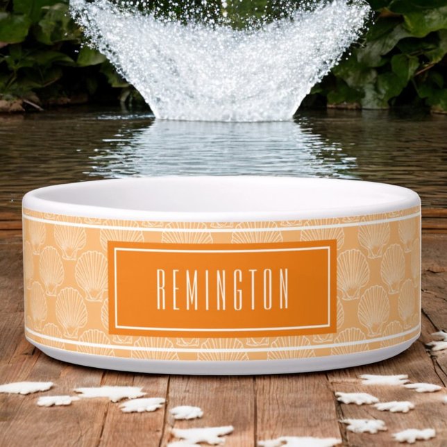 Beach Sea Shell Pattern On Orange Custom Pet Name Bowl (Sea shell pattern over orange with template text dog bowl)
