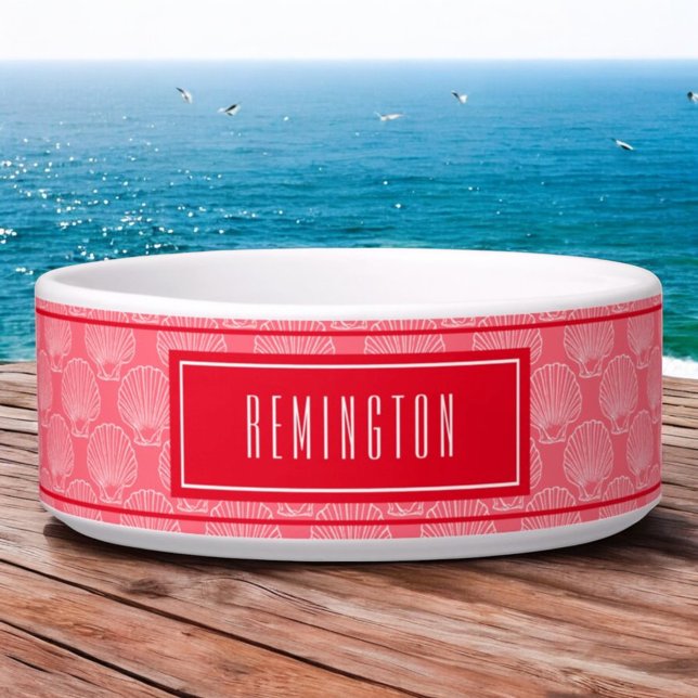 Beach Sea Shell Pattern On Red Custom Pet Name Bowl (ceramic pet bowl white seashell pattern on red with template name)