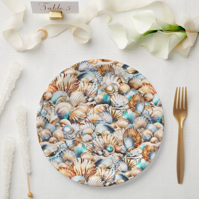 Beach sea shells iridescent collage nautical chic paper plates (Wedding)
