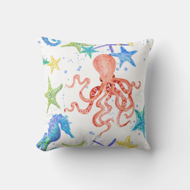 Beach Sea Shore Red Octopus Seahorse Starfish Art Throw Pillow (Front)