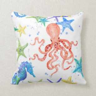 Beach Sea Shore Red Octopus Seahorse Starfish Art Throw Pillow