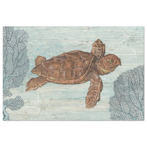 Beach Sea Turtle Blue Coral Crackle Wood Decoupage Tissue Paper