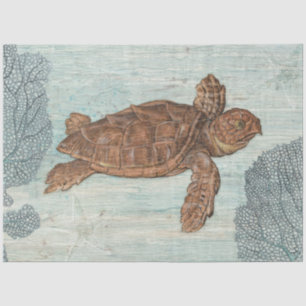 Beach Sea Turtle Blue Coral Crackle Wood Decoupage Tissue Paper