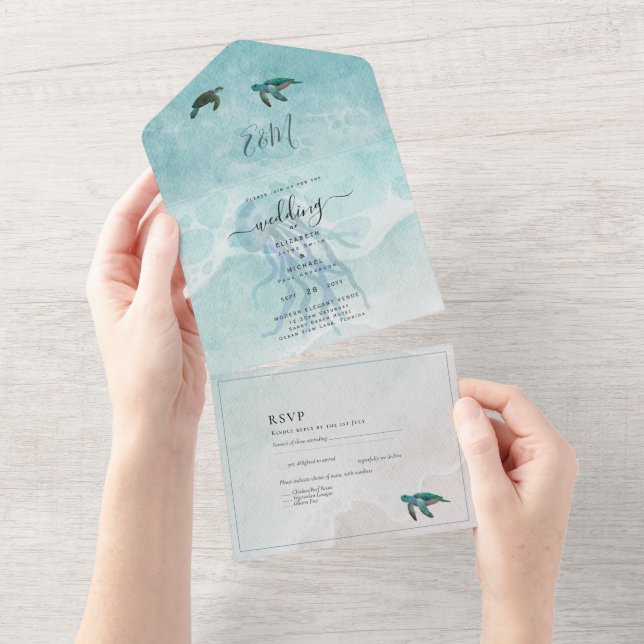 Beach Sea Turtle Destination Wedding RSVP MENU All All In One Invitation (Tearaway)