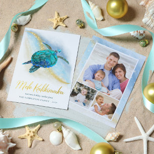 Beach Sea Turtle Mele Kalikimaka 3 Photo Foil Holiday Card