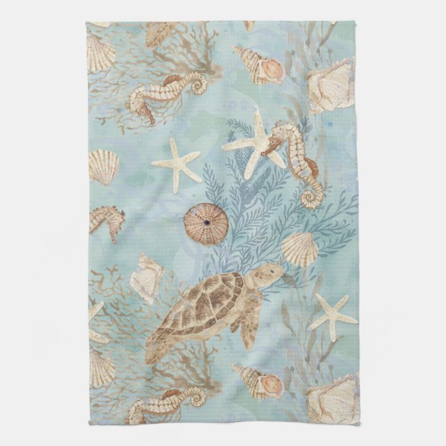 Beach Sea Turtle Ocean Seahorse Shells Starfish Kitchen Towel (Vertical)
