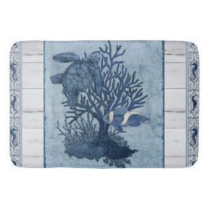 Beach Sea Turtle Seahorse Blue Rustic Watercolor Bath Mat
