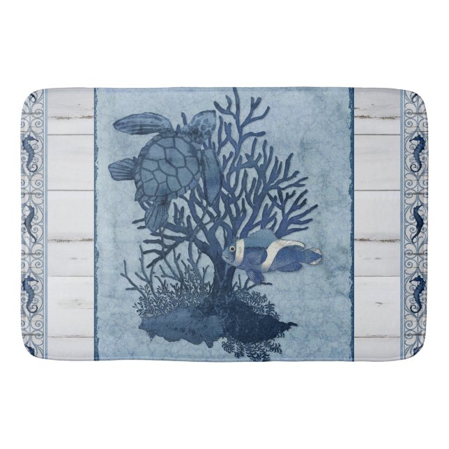 Beach Sea Turtle Seahorse Blue Rustic Watercolor Bath Mat (Front)