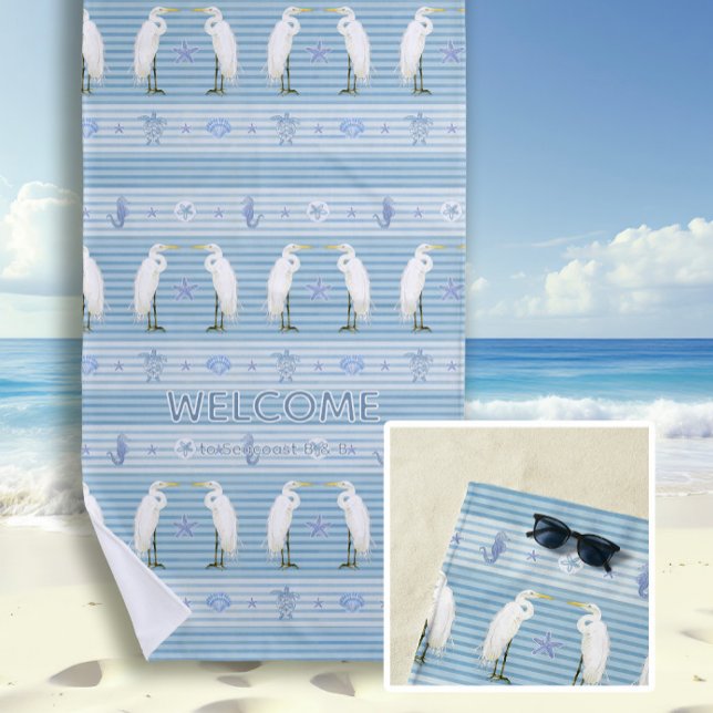 Beach Sea Turtle Seahorse Egret Blue Personalized Beach Towel (Creator Uploaded)