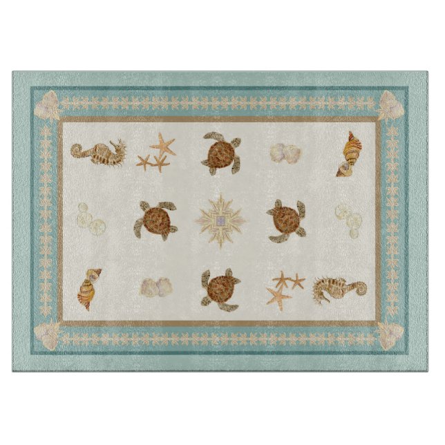 Beach Sea Turtle Seahorse Starfish Shells Kitchen Cutting Board (Front)