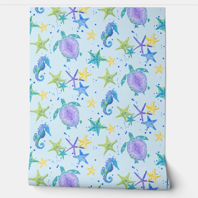 Beach Sea Turtle Seahorse Watercolor Starfish Baby Wallpaper (Unrolling)