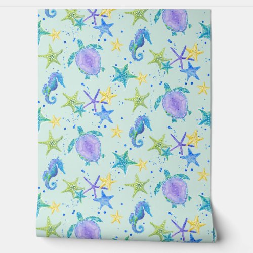 Beach Sea Turtle Seahorse Watercolor Starfish Mint Wallpaper