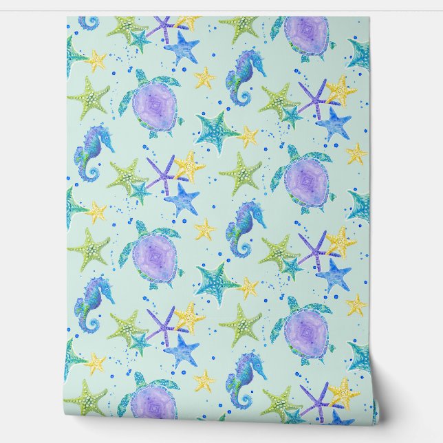 Beach Sea Turtle Seahorse Watercolor Starfish Mint Wallpaper (Unrolling)