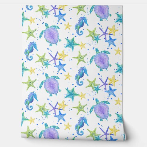 Beach Sea Turtle Watercolor Starfish Seahorse Baby Wallpaper