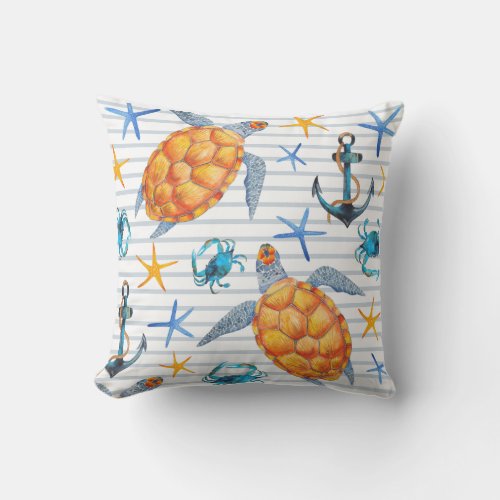 Beach Sea Turtle Watercolor Stripe Outdoor Pillow