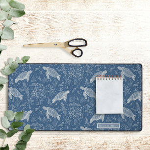 Beach Sea Turtles Coastal Coral Line Art Navy Blue Desk Mat