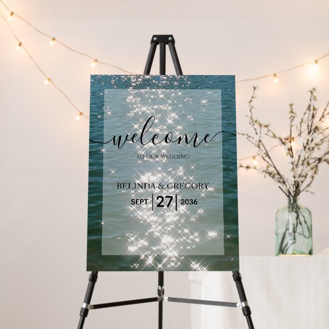 Beach Sea Water Sparkles Wedding Welcome Sign (In Situ (Stand))
